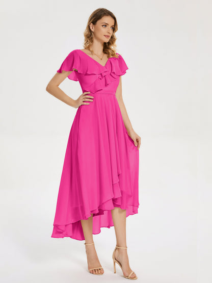 Gabriela Short Sleeves High Low Bridesmaid Dress with Pockets