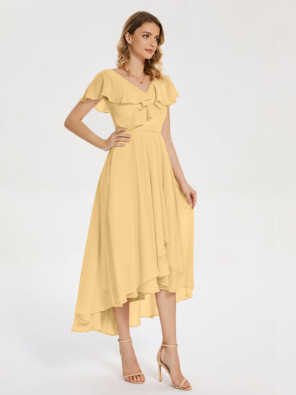 Gabriela Short Sleeves High Low Bridesmaid Dress with Pockets