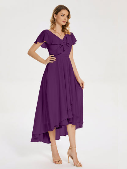 Gabriela Short Sleeves High Low Bridesmaid Dress with Pockets