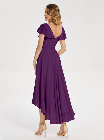 Gabriela Short Sleeves High Low Bridesmaid Dress with Pockets
