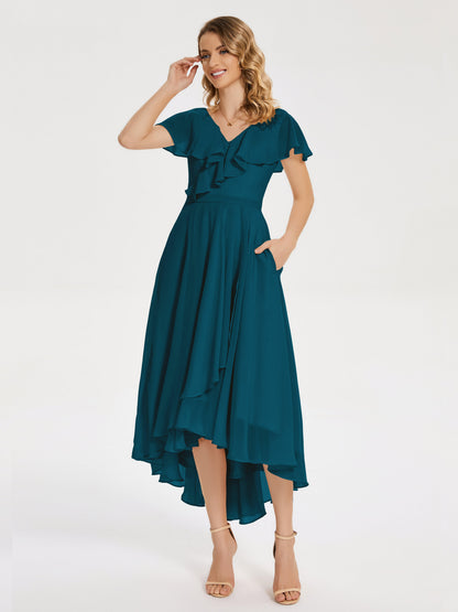 Gabriela Short Sleeves High Low Bridesmaid Dress with Pockets
