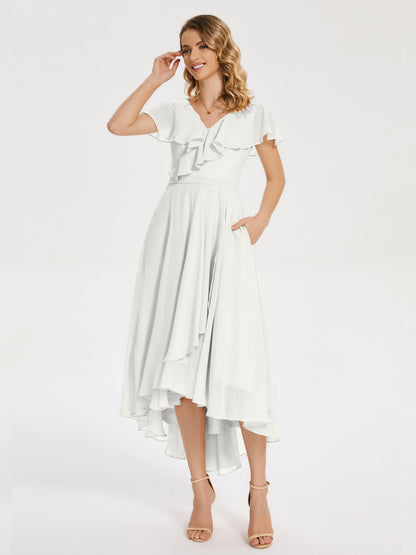 Gabriela Short Sleeves High Low Bridesmaid Dress with Pockets
