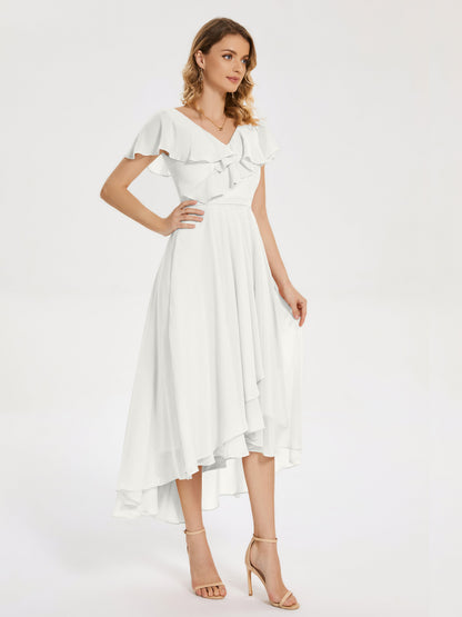 Gabriela Short Sleeves High Low Bridesmaid Dress with Pockets