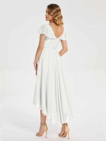 Gabriela Short Sleeves High Low Bridesmaid Dress with Pockets