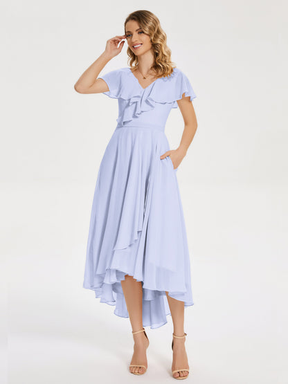 Gabriela Short Sleeves High Low Bridesmaid Dress with Pockets