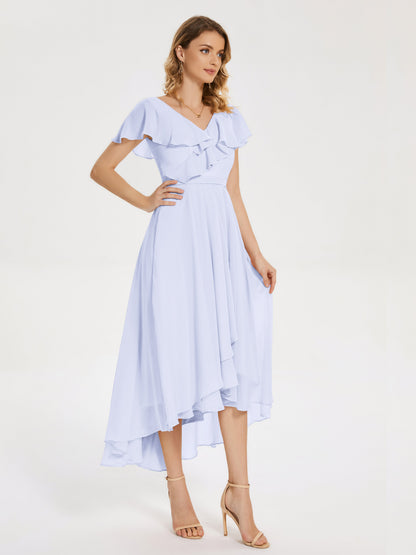 Gabriela Short Sleeves High Low Bridesmaid Dress with Pockets
