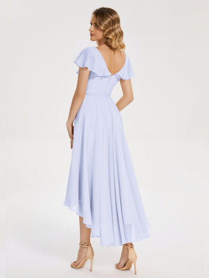 Gabriela Short Sleeves High Low Bridesmaid Dress with Pockets
