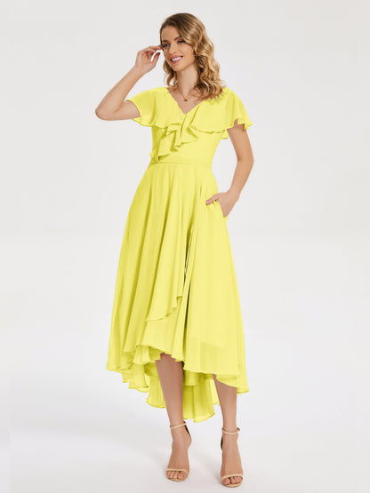 Gabriela Short Sleeves High Low Bridesmaid Dress with Pockets