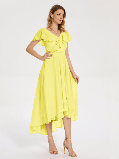 Gabriela Short Sleeves High Low Bridesmaid Dress with Pockets