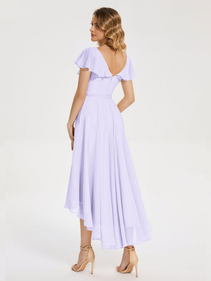 Gabriela Short Sleeves High Low Bridesmaid Dress with Pockets