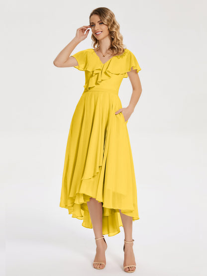 Gabriela Short Sleeves High Low Bridesmaid Dress with Pockets