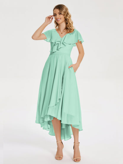 Gabriela Short Sleeves High Low Bridesmaid Dress with Pockets