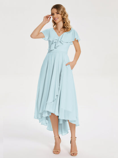 Gabriela Short Sleeves High Low Bridesmaid Dress with Pockets