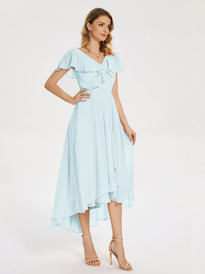Gabriela Short Sleeves High Low Bridesmaid Dress with Pockets