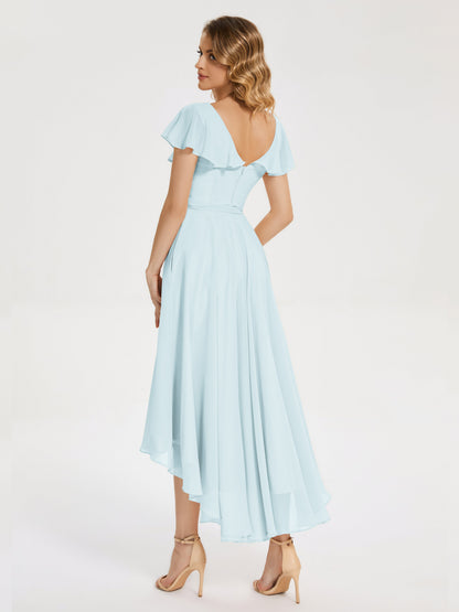 Gabriela Short Sleeves High Low Bridesmaid Dress with Pockets
