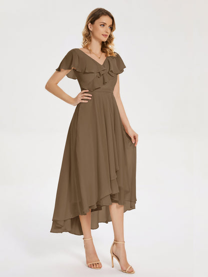 Gabriela Short Sleeves High Low Bridesmaid Dress with Pockets