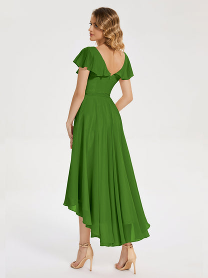 Gabriela Short Sleeves High Low Bridesmaid Dress with Pockets