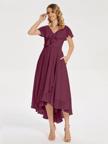 Gabriela Short Sleeves High Low Bridesmaid Dress with Pockets
