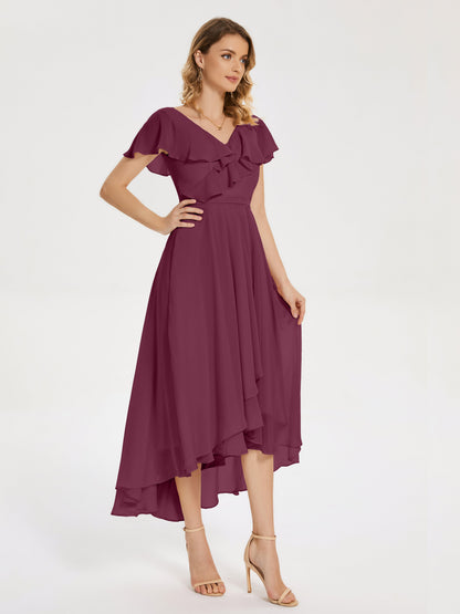 Gabriela Short Sleeves High Low Bridesmaid Dress with Pockets
