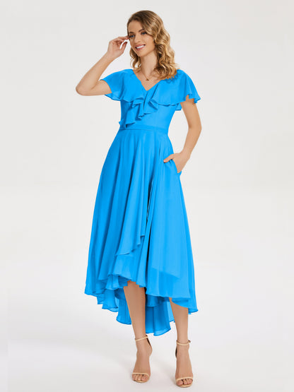 Gabriela Short Sleeves High Low Bridesmaid Dress with Pockets