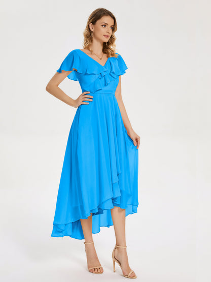 Gabriela Short Sleeves High Low Bridesmaid Dress with Pockets