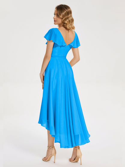 Gabriela Short Sleeves High Low Bridesmaid Dress with Pockets