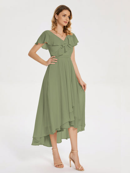 Gabriela Short Sleeves High Low Bridesmaid Dress with Pockets