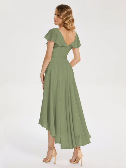 Gabriela Short Sleeves High Low Bridesmaid Dress with Pockets