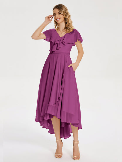 Gabriela Short Sleeves High Low Bridesmaid Dress with Pockets
