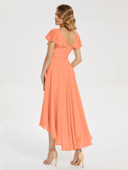 Gabriela Short Sleeves High Low Bridesmaid Dress with Pockets