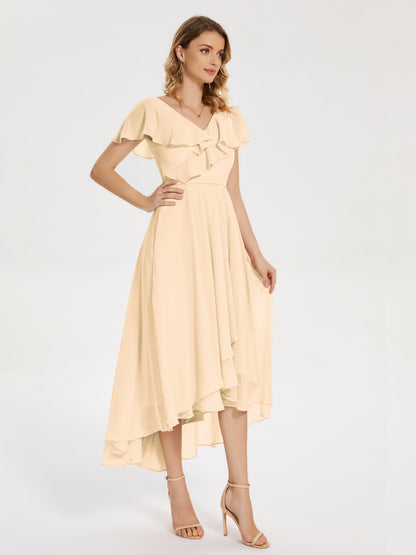 Gabriela Short Sleeves High Low Bridesmaid Dress with Pockets