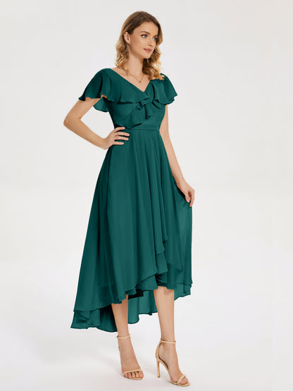 Gabriela Short Sleeves High Low Bridesmaid Dress with Pockets