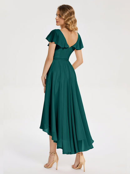 Gabriela Short Sleeves High Low Bridesmaid Dress with Pockets