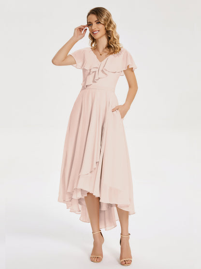 Gabriela Short Sleeves High Low Bridesmaid Dress with Pockets