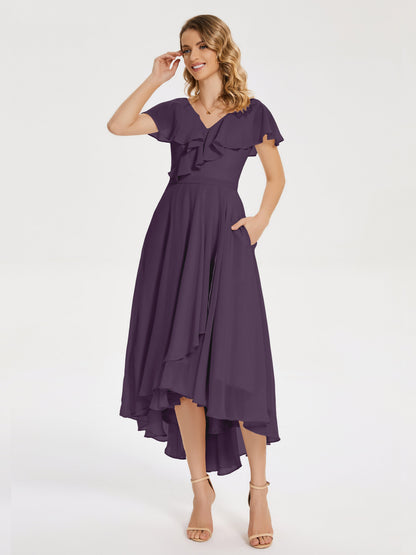 Gabriela Short Sleeves High Low Bridesmaid Dress with Pockets