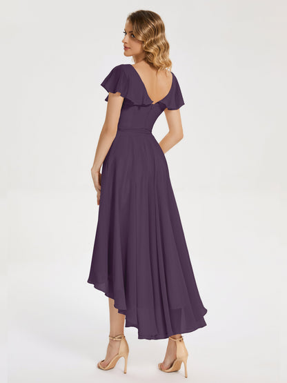 Gabriela Short Sleeves High Low Bridesmaid Dress with Pockets