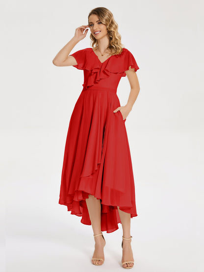 Gabriela Short Sleeves High Low Bridesmaid Dress with Pockets