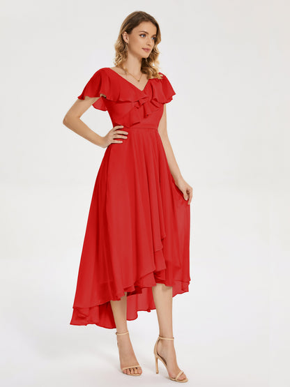 Gabriela Short Sleeves High Low Bridesmaid Dress with Pockets