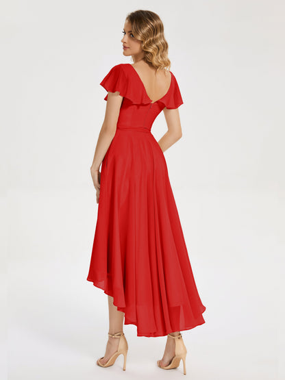 Gabriela Short Sleeves High Low Bridesmaid Dress with Pockets
