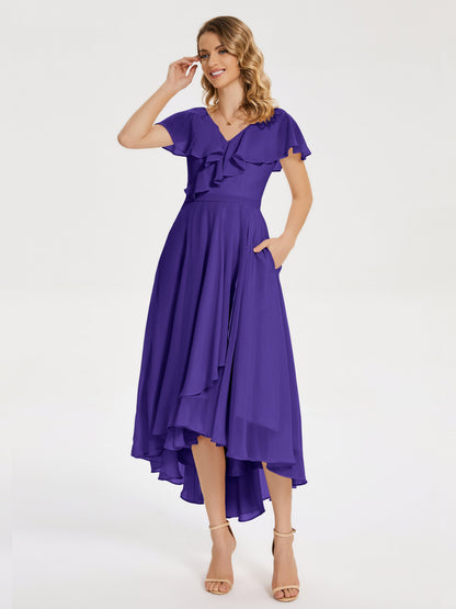Gabriela Short Sleeves High Low Bridesmaid Dress with Pockets