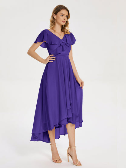 Gabriela Short Sleeves High Low Bridesmaid Dress with Pockets