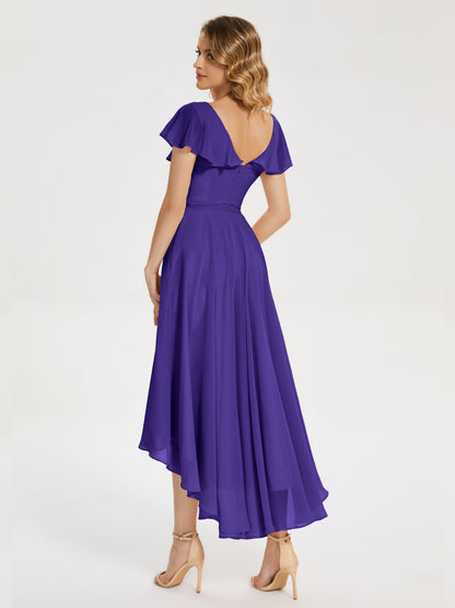 Gabriela Short Sleeves High Low Bridesmaid Dress with Pockets
