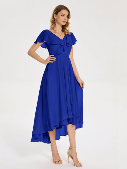 Gabriela Short Sleeves High Low Bridesmaid Dress with Pockets