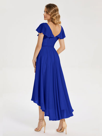 Gabriela Short Sleeves High Low Bridesmaid Dress with Pockets