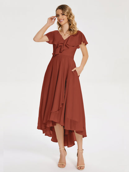 Gabriela Short Sleeves High Low Bridesmaid Dress with Pockets