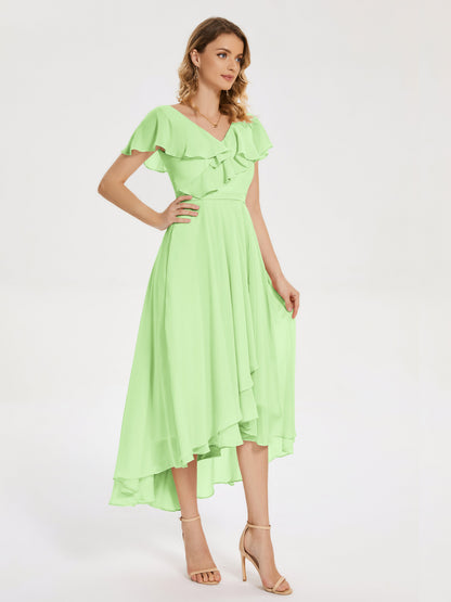 Gabriela Short Sleeves High Low Bridesmaid Dress with Pockets