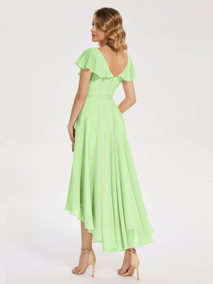 Gabriela Short Sleeves High Low Bridesmaid Dress with Pockets