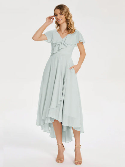 Gabriela Short Sleeves High Low Bridesmaid Dress with Pockets