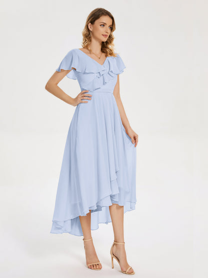 Gabriela Short Sleeves High Low Bridesmaid Dress with Pockets