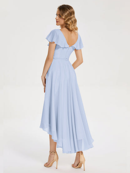 Gabriela Short Sleeves High Low Bridesmaid Dress with Pockets